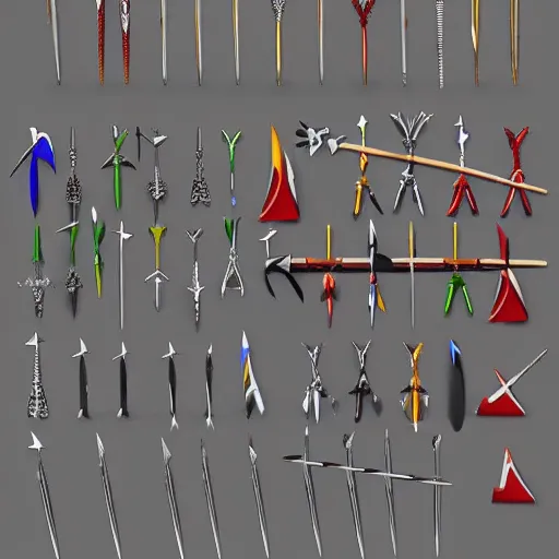 Prompt: arrows, bows, swords, axes, Set of high quality HD sprites, low poly, -H 800 -W 800