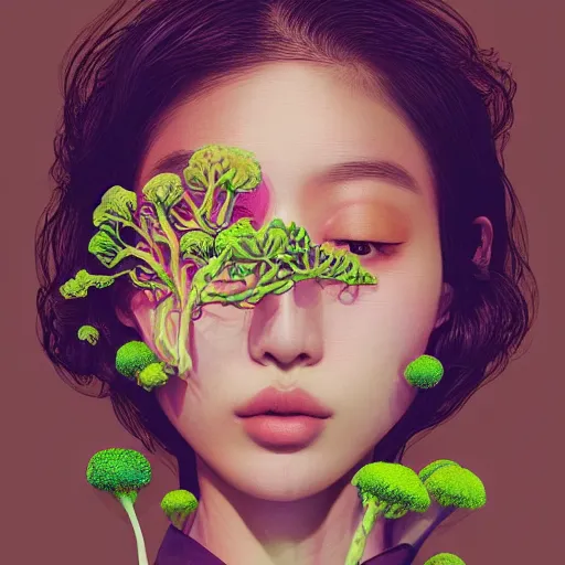 Prompt: the portrait of an unbelievably beautiful, elegant, and sophicated young korean instagram model partially made of broccoli, an ultrafine detailed illustration by james jean, intricate linework, bright colors, final fantasy, behance contest winner, vanitas, angular, altermodern, unreal engine 5 highly rendered, global illumination, radiant light, detailed and intricate environment