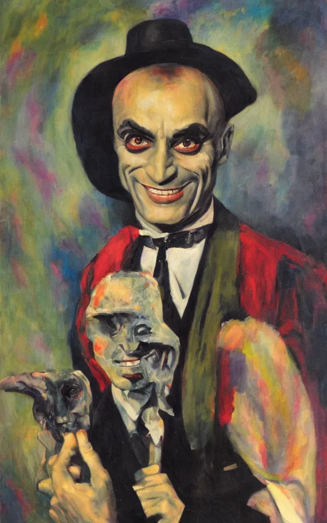 Prompt: portrait of conrad veidt as gwynplaine freakish grin, award winning oil painting, sharp color palette