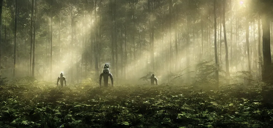 Prompt: an astronaut looking at a complex organic fractal metallic symbiotic ceramic humanoid megastructure creature in a swampy lush forest, foggy, sun rays, cinematic shot, photo still from movie by denis villeneuve, wayne barlowe