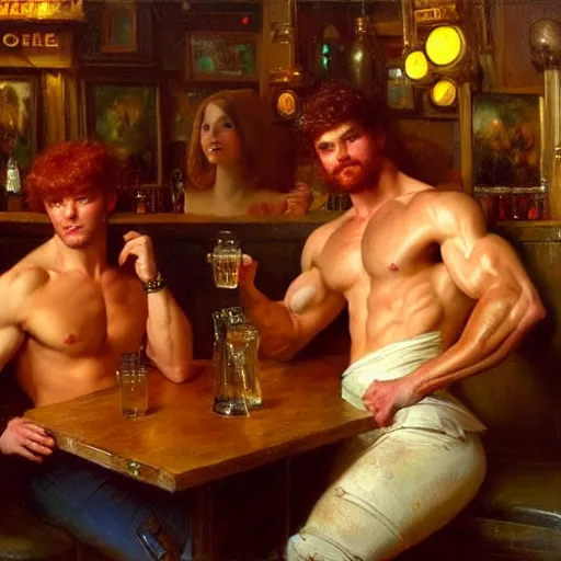 Image similar to attractive muscular mike with ginger hair with muscular attractive tyler with brunet hair, drinking their hearts out, in a pub. very defined and highly detailed painting by gaston bussiere, j. c. leyendecker, craig mullins 8 k