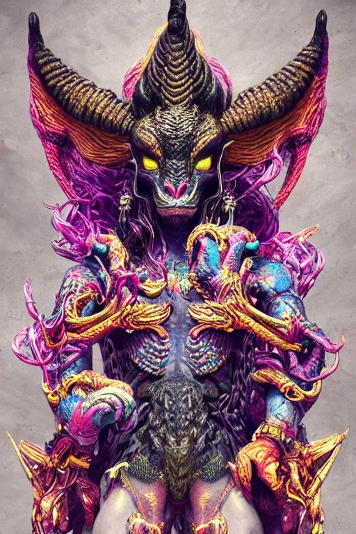 Image similar to Baphomet Amigurumi Crochet Pattern, vivid colors, high details, cinematic, 8k resolution, beautiful detailed, photorealistic, digital painting, artstation, concept art, smooth, sharp focus, illustration, fantasy background, artstation trending, octane render, unreal engine