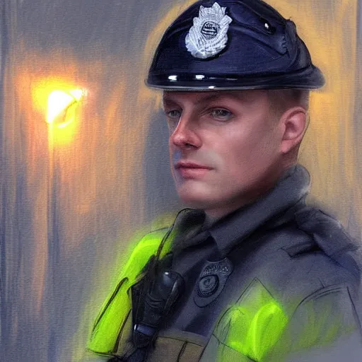 Prompt: A British police officer wearing hivis, highly detailed, ambient lighting, trending on art station