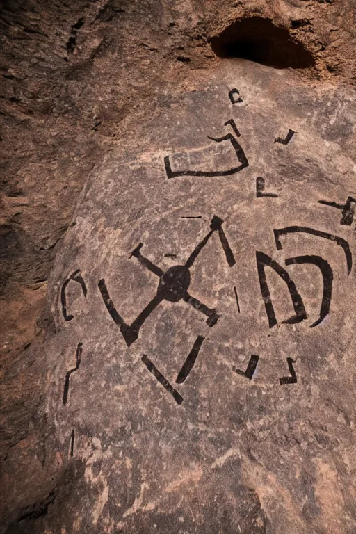 Image similar to 4 k photography of petroglyphs representing crosses, ufo, wifi symbol on a cave