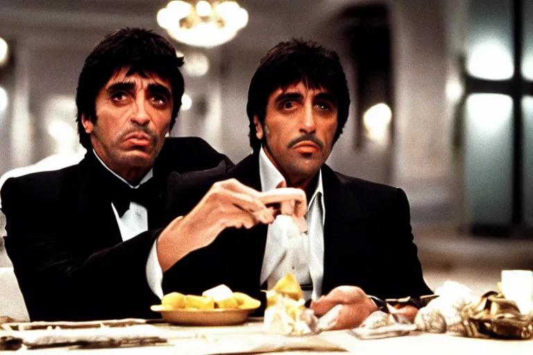 Image similar to medium shot. tony montana from movie scarface 1 9 8 3 sitting at a table with package of cocaine. al pacino. perfect symmetric face, coherent eyes, fine details, 4 k, ron cobb. cinestill