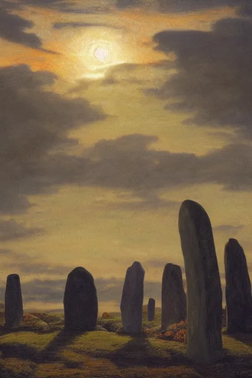 Image similar to circle of standing stones at dawn, dramatic cinematic lighting, rich colors, by William Dyce and ford madox brown and April Gornik and Caspar David Friedrich and Diego Rivera, featured on artstation