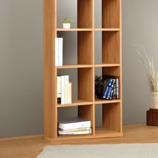 Prompt: minimalist zen oak bookshelf soft light and warm