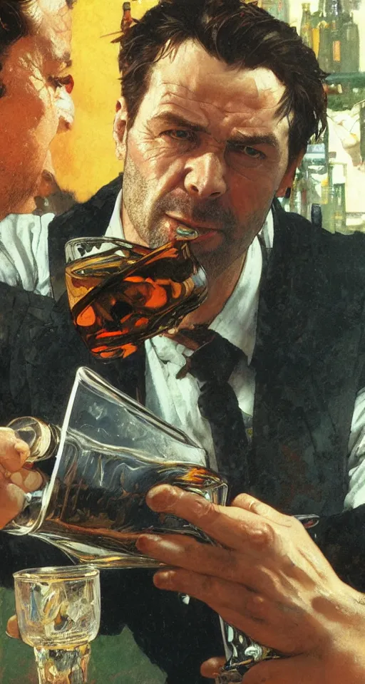 Image similar to close up of max payne pouring a drink, sun shining, photo realistic illustration by greg rutkowski, thomas kindkade, alphonse mucha, loish, norman rockwell.