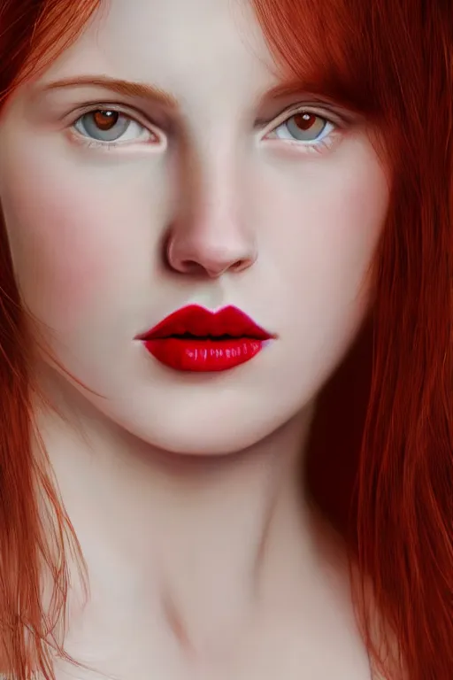 Prompt: hyperrealism extreme close-up portrait of beautiful young female with red paint, pale skin, in style of classicism