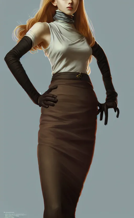 Image similar to portrait of a full body of beautiful young female secretary, d & d, sleeveless turtleneck, pencil skirt, fantasy, flat lighting, intricate, highly detailed, digital painting, artstation, concept art, smooth, sharp focus, illustration, art by simon bisley and greg rutkowski and alphonse mucha, natural tpose