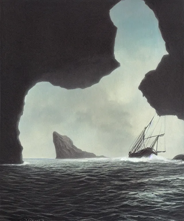 Image similar to photorealistic painting of a 1 9 2 5 seiner sailing near a tropical cliff with the mouth of a sea cave at the waterline, dark, brooding, atmospheric, lovecraft, horror, smooth, epic, highly detailed, cinematic, by lee gibbons