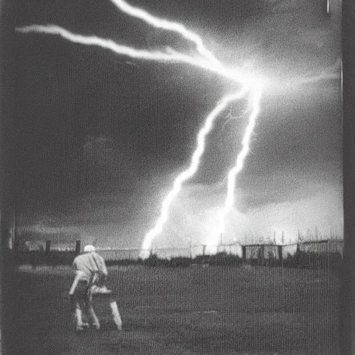 Image similar to low wide angle, old polaroid of a man being hit by a lighting strike, black and white