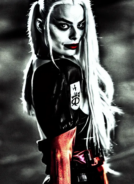 Image similar to 5 0 mm photo of beautiful suicide squad happy margot robbie with long white hair that looks like harley quinn standing on the wet street of dystopian gotham city at night, angry frown, glamour pose, watercolor, frank miller, moebius, jim lee, cinematic, ridley scott, lens flare, dramatic lighting, annie leibowitz