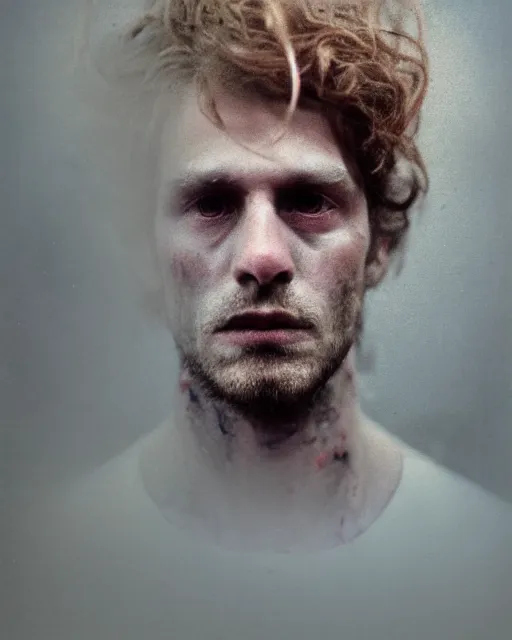 Prompt: an instant photo of a beautiful but creepy man in layers of fear in devonshire, with haunted eyes and wild hair, 1 9 7 0 s, seventies, wallpaper, moorland, a little blood, moonlight showing injuries, delicate embellishments, painterly, offset printing technique, by mary jane ansell