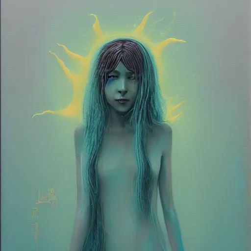 Prompt: hatsune miku, painting in the style of zdzisław beksinski, acrylic on beaverboard