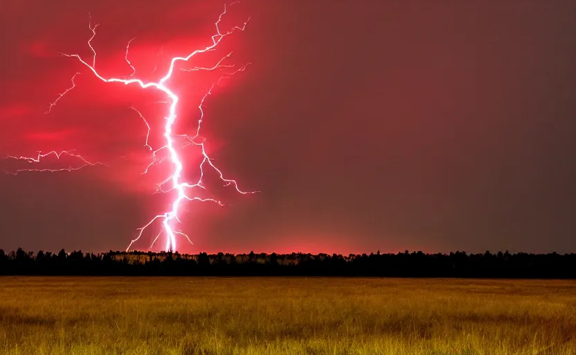 Prompt: red lightning bolts shoot from the ground, night, field, fire is visible on the horizon, high contrast, unsettling photo