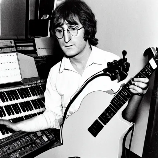 Image similar to john lennon patching a modular synth