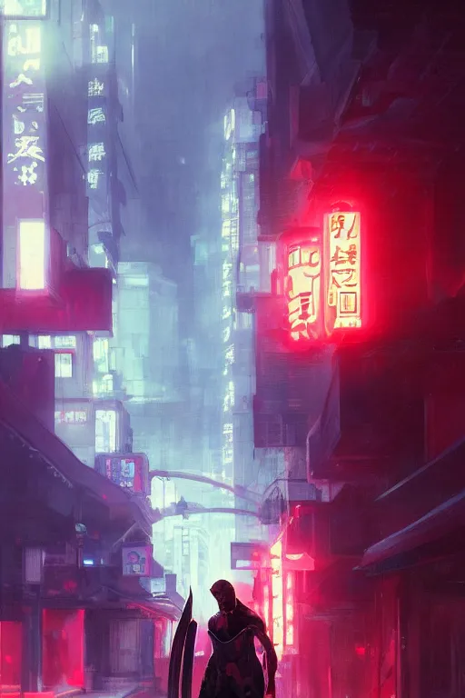 Image similar to portrait of ninja slayer, japan, neon lighting, night city, digital art from artstation by Ruan Jia and Mandy Jurgens and Artgerm and william-adolphe bouguereau and Greg Rutkowski