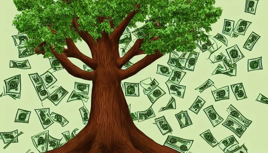 Image similar to a tree that grows dollar bills instead of leaves, digital art, highly detailed, realistic, bright colors, 8 k