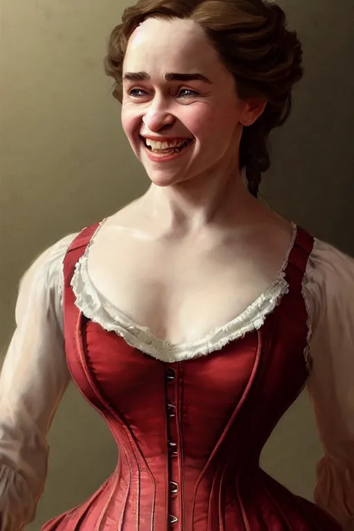 Prompt: Emilia Clarke smiling warmly in a 1800s American Corset in Red Dead Redemption anatomy, detailed face, only two hands, highly detailed, digital painting, artstation, concept art, smooth, sharp focus, illustration, Unreal Engine 5, 8K, art by art by artgerm and greg rutkowski and edgar maxence