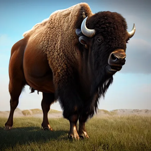 Prompt: A bison standing on its hind legs, with very short front legs, it has the head of a tyrannosaurus rex, highly detailed, 8k, Unreal Engine render
