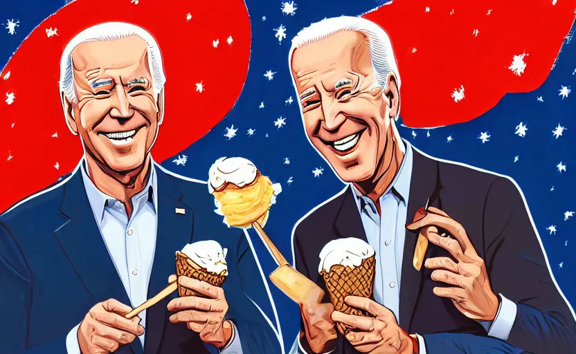 Prompt: joe biden eating an ice cream with the whitehouse in flames behind him artwork by greg rutowski and brom, 4 k, masterpiece