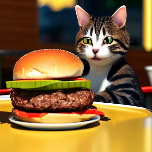 Image similar to a cat eating a burger at a diner, unreal engine, octane render, artgerm, artstation, art jiro matsumoto, high quality, intricate detailed 8 k, sunny day