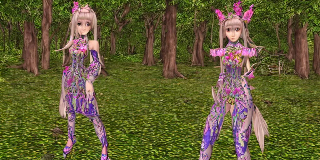 Image similar to cute female forest spirit wearing ornate floral cybernetic hungarian valentino resort dress in a 3 d psx ps 2 jrpg style, esoteric magical alien meadow ritual environment, fashion gameplay screenshot, highly detailed, atelier, xenogears