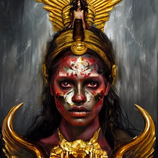 Prompt: portrait of the god of death, eyes made of gold, beautiful female face, angelic, black woman, golden eyes, dark, blood, by jeremy mann, by lucian freud, oil painting, god rays, female warrior, warrior face painting red, wings, gothic, holding a weapon, intricate, highly detailed, trending on artstation, award winning, cinematic