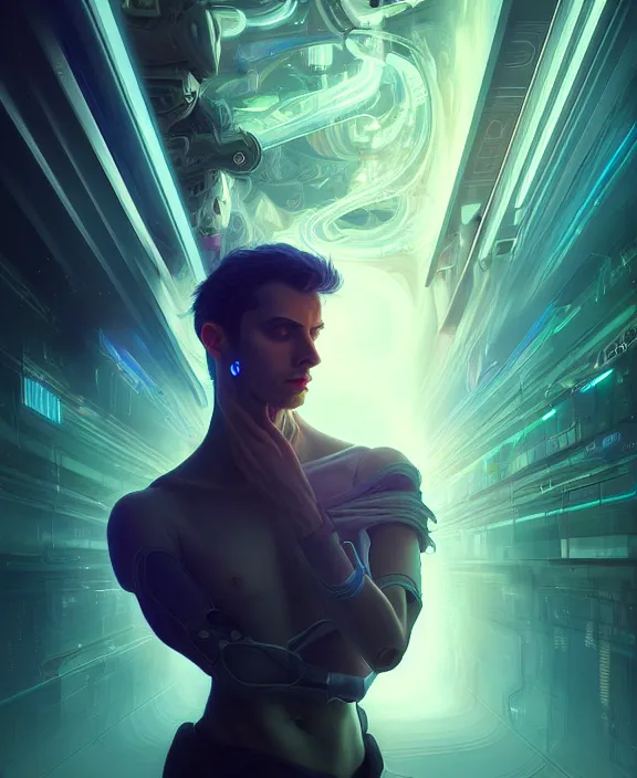 Image similar to a whirlwind inside the metaverse, guy, male, man, hologram, half body, neurochip, android, cyborg, cyberpunk face, by loish, d & d, fantasy, intricate, elegant, highly detailed, colorful, digital painting, artstation, concept art, art by artgerm and greg rutkowski and alphonse mucha