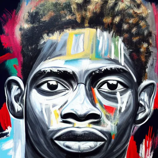 Image similar to A extremely highly detailed majestic hi-res beautiful immaculate head and shoulders painting of a strong black african man by Jean-Michel Basquiat, 8k, high textures, hyper sharp, insanely detailed and intricate, super detailed, 4k HDR high quality