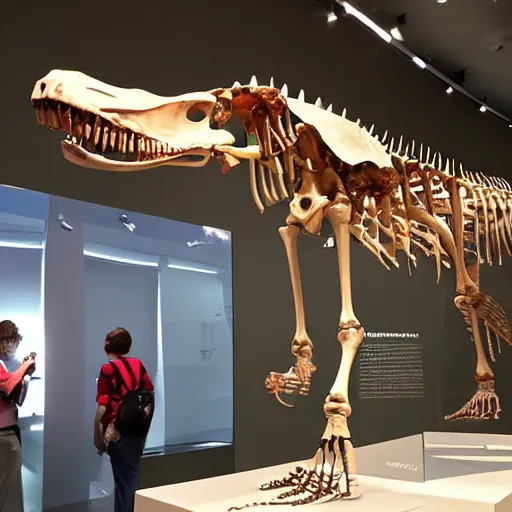 Image similar to the skeleton of a dachshund tyrannosaurus rex in a museum. Tourists are looking