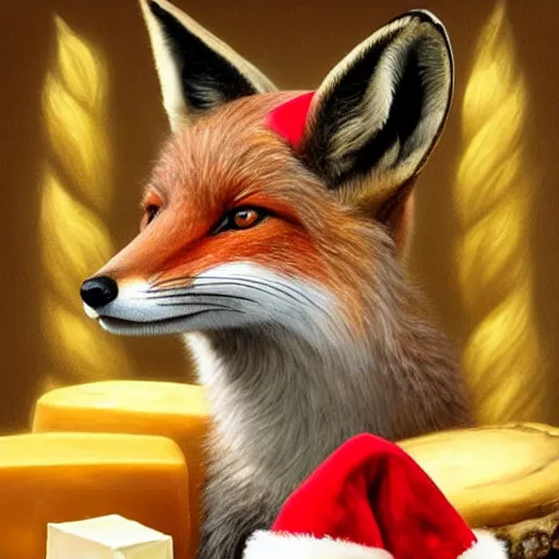 Image similar to perfectly-centered-Portrait-full-shot of a fox, wearing a santa hat, sitting next to a pile of cheese, intricate, elegant, super highly detailed, professional digital painting, artstation, concept art, smooth, sharp focus, no blur, no dof, extreme illustration, Unreal Engine 5, 8K, art by artgerm and greg rutkowski and alphonse mucha and loish and WLO