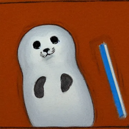 Image similar to a baby harp seal in an orange prisoner jumpsuit at the witness stand, courtroom sketch