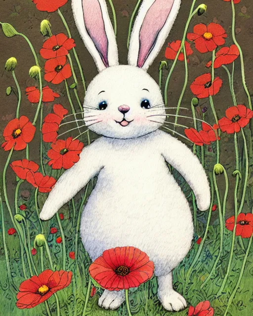 Image similar to a storybook illustration painting of a smiling happy cute bunny wearing a flower crown, daisies and poppies, by antoine de saint - exupery and annabel kidston and naomi okubo and jean - baptiste monge. a child storybook illustration, muted colors, soft colors, low saturation, fine lines, white paper