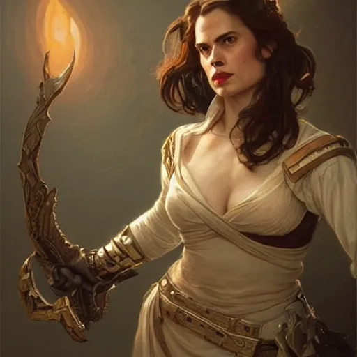 Image similar to Hayley Atwell as a character in Diablo 3, gorgeous, beautiful, intricate, highly detailed, digital painting, artstation, oppressive lighting, concept art, sharp focus, illustration, art by greg rutkowski and alphonse mucha