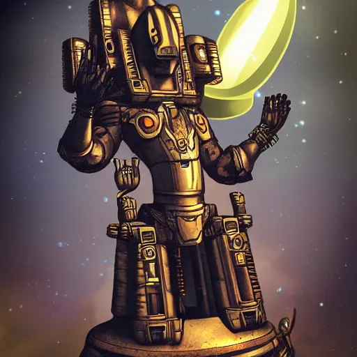 Prompt: space pharaoh with a cybernetic gauntlet, steampunk theme, futuristic environment, epic background