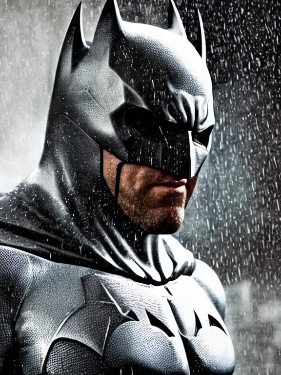 Image similar to film still, ryan reynolds as batman, maskless!!!, hyperrealism, moody lighting, rain, intricate, 8 k