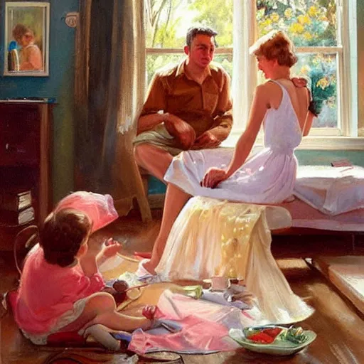 Prompt: 1950s Americana, domestic scene, family, romantic, inviting, cozy, painting Vladimir Volegov