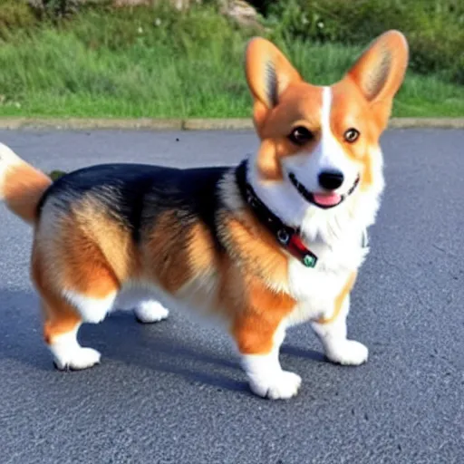 Image similar to A corgi wearing jeans. Nature photography.