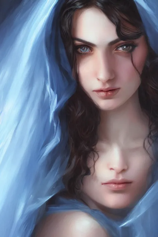 Image similar to tanned Ameera al-Taweel, bright blue eyes, long wavy black hair, simple white veil, closeup, focus face, elegant, highly detailed, centered, oil painting, artstation, concept art by tom bagshaw