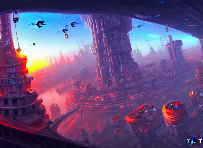 Prompt: canton in cyperpunk setting, lots of drones, big eye is watching, super resolution, sharp focus, futurism, sunset, ice cream, architecture, by tyler edlin