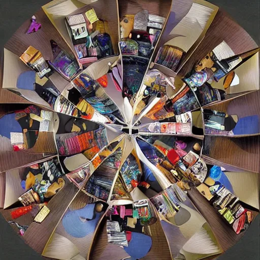 Image similar to funereal, sinister collage, digital art by moshe safdie. a beautiful kinetic sculpture of a group of people standing around a circular table. in the center of the table is a large, open book. the people in the kinetic sculpture are looking at the book with interest & appear to be discussing its contents.