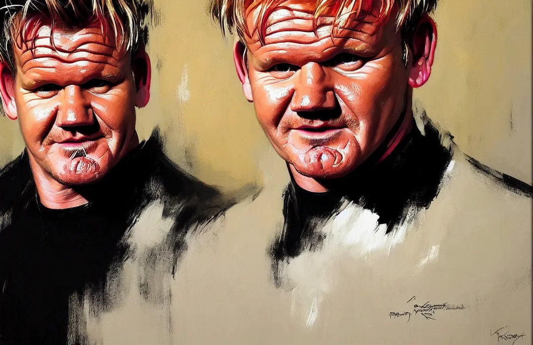 Image similar to portrait of gordon ramsay!!!!!!!!!!!!!!!!!!!!!!!!!!!, detailed face, detailed painting,, epic lighting, by ilya repin, phil hale and kent williams