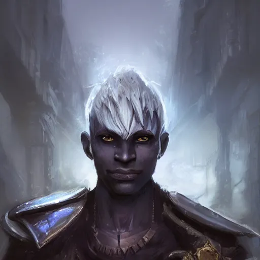 Image similar to closeup portrait of a male drow warrior, dungeons and dragons character, dramatic lighting, castle background, gorgeous view, realistic, high detail, digital art, painted by greg rutkowski, painted by jeremy mann, trending on artstation