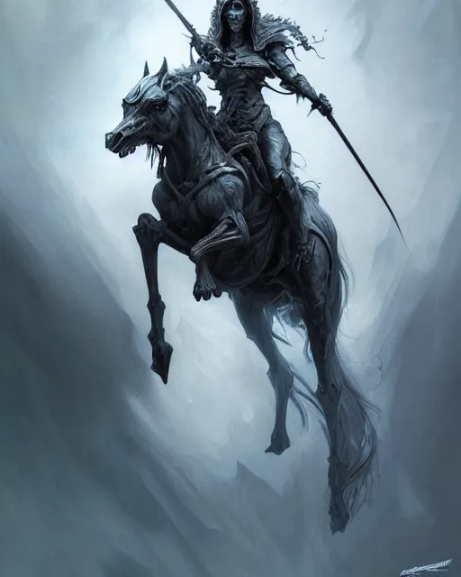 Image similar to concept art by artgerm, death of the four horsemen of the apocalypse, soft grey and blue natural light, intricate, queen of death riding, highly detailed dark art, digital painting, artstation, concept art, smooth, sharp focus, illustration, art by greg rutkowski and luis rollo and uang guangjian and gil elvgren, symmetry!