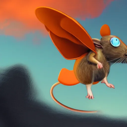 Prompt: a mouse wearing clockwork wings flying through thick orange clouds, sci-fi illustration