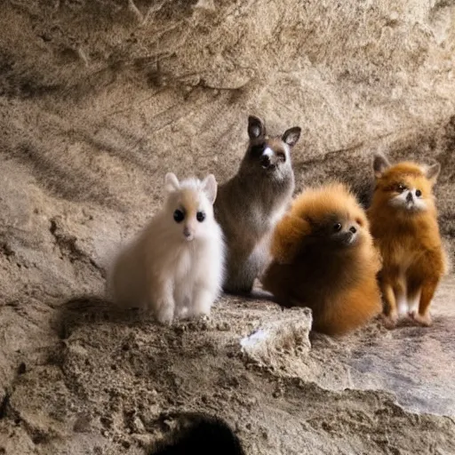 Image similar to several species of small furry animals gathered together in a cave and grooving with a pict