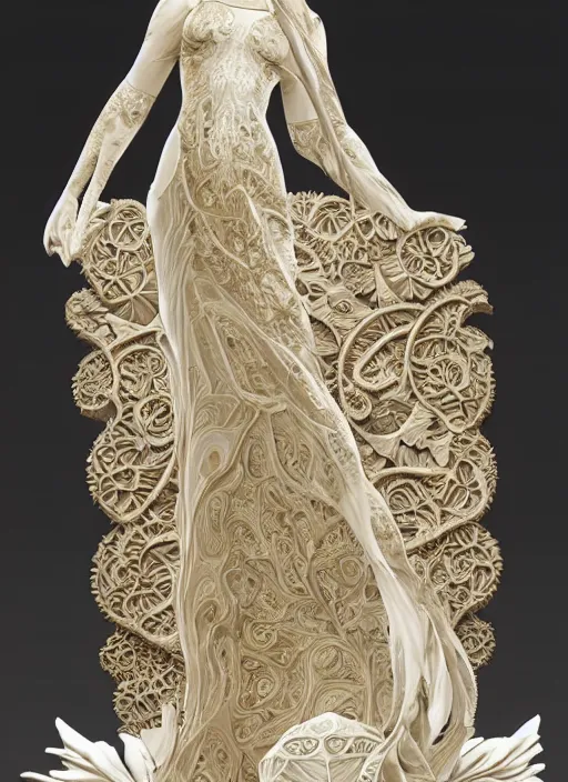 Image similar to marble sculpture of beautiful woman, mandelbulb, hypercube, ivory carving, fractal paisley inlay, lace, intricate, elegant, highly detailed, gold inlay, metallic, ivory, artgerm, lace, by ruan jia, greg rutkowski, mucha, zbrush, nick alm