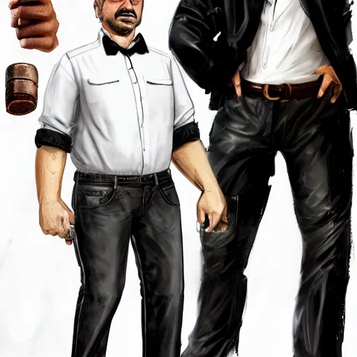 Image similar to a midage italian male, beardless, short black hair with gel, overweight, fine white shirt, leather belt, black pants, leather shoes, smoking a cigar, full body, gta v style, concept art, highly detailed, hyper realistic, unreal engine